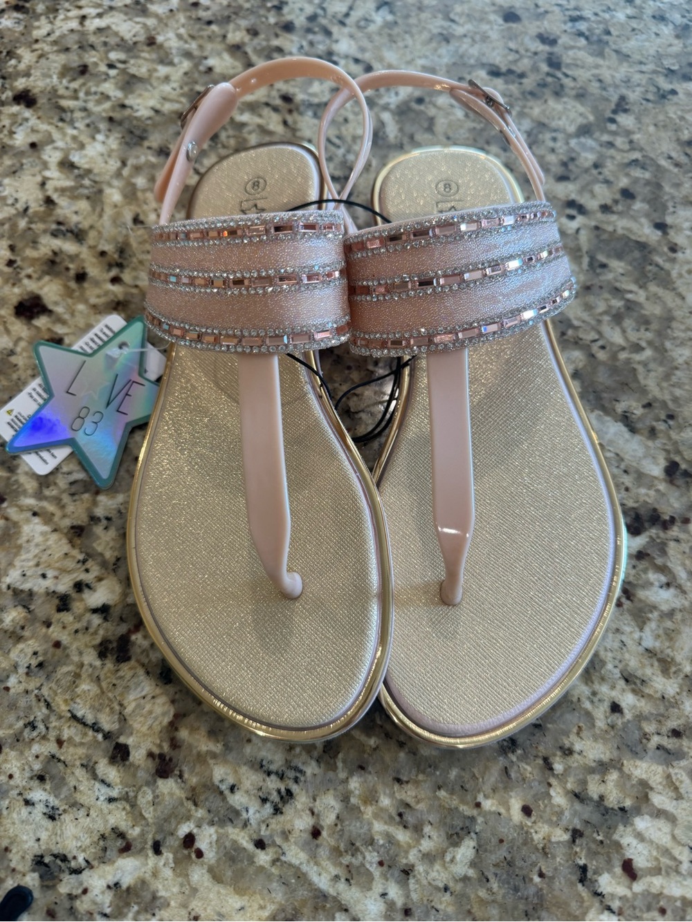 Women’s Blush Pink Jeweled T-Strap Sandals Size 8
